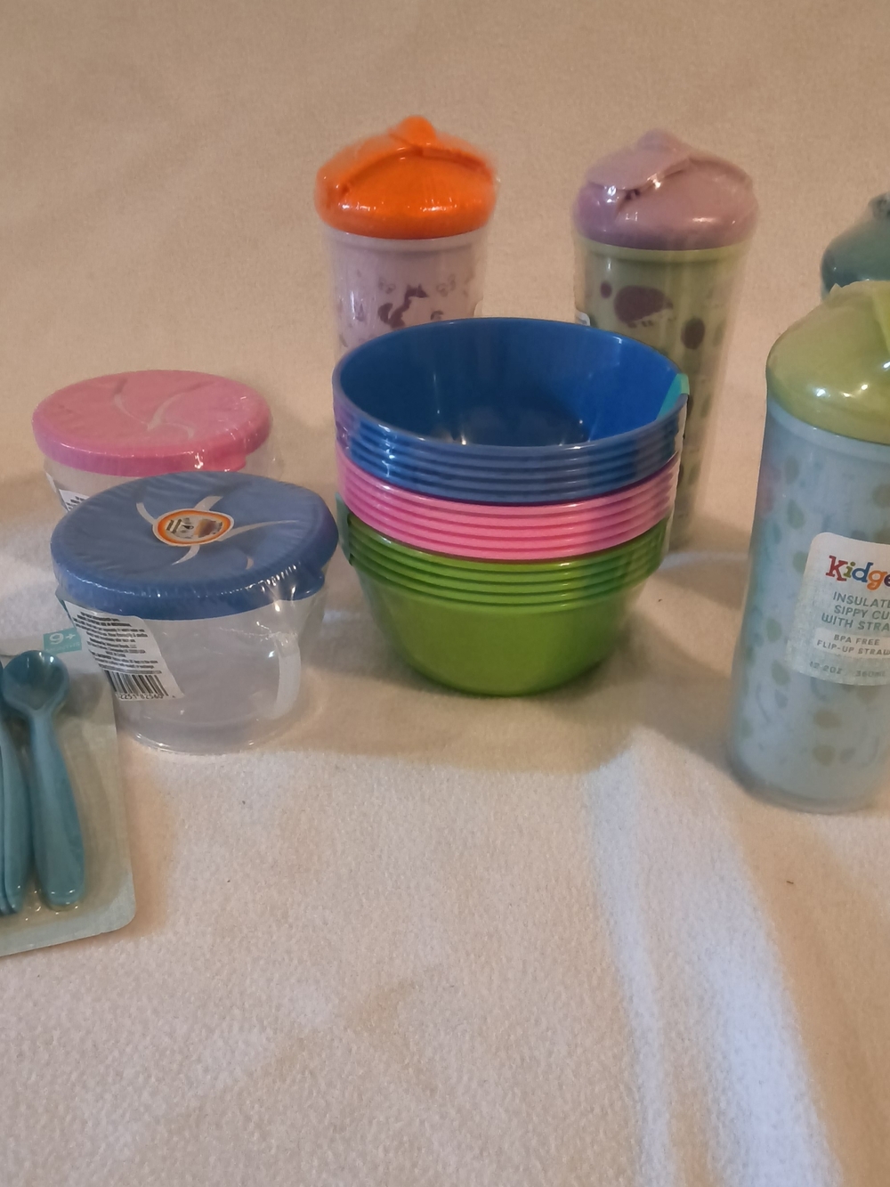 Kidgets Colorful Kids Bowl and Sippy Cup Set - Blue, Pink, Green, Orange, Purple